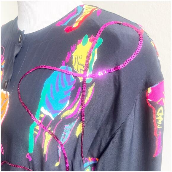 Escada By Margaretha Ley 100% Silk Neon Zebra Print Blouse Sequins Size 42/Large - Picture 8 of 10